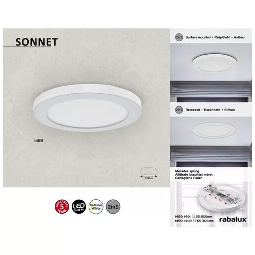 RÁBALUX Sonnet 1489 Ráépíthető és Beépíthető lámpa IP20 230V, 50Hz